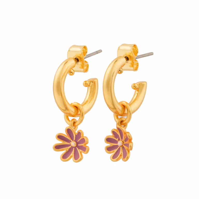 Gold hoop earrings with enamel flower charms