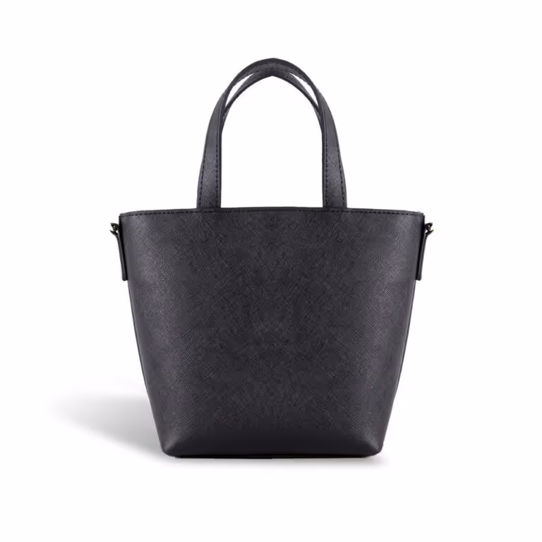 Black leather tote bag photographed straight on against a white background