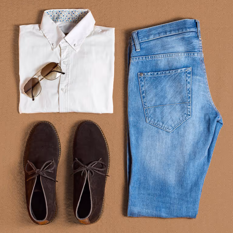 Flat lay of a white shirt, blue jeans, suede shoes and sunglasses on a tan backdrop