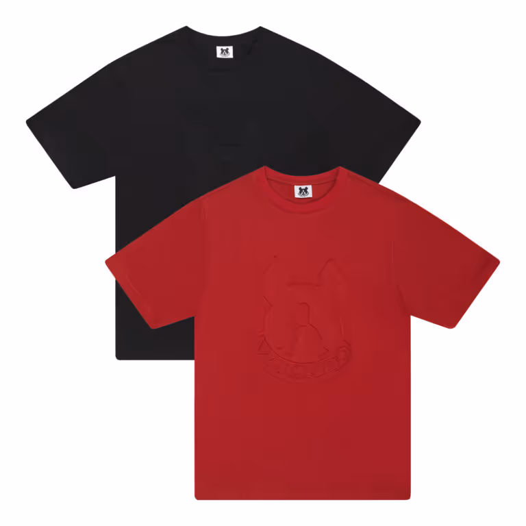 Flat lay of a black T-shirt and a red T-shirt on a white background