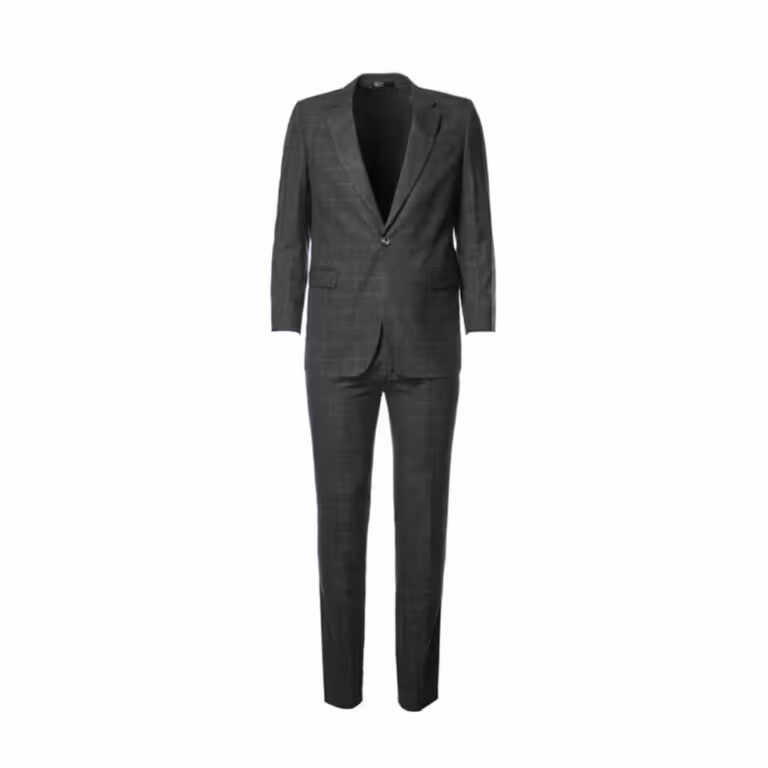 Ghost mannequin photograph of a charcoal two-piece suit