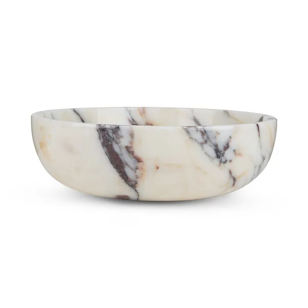 White marble bowl with purple veining on a white background