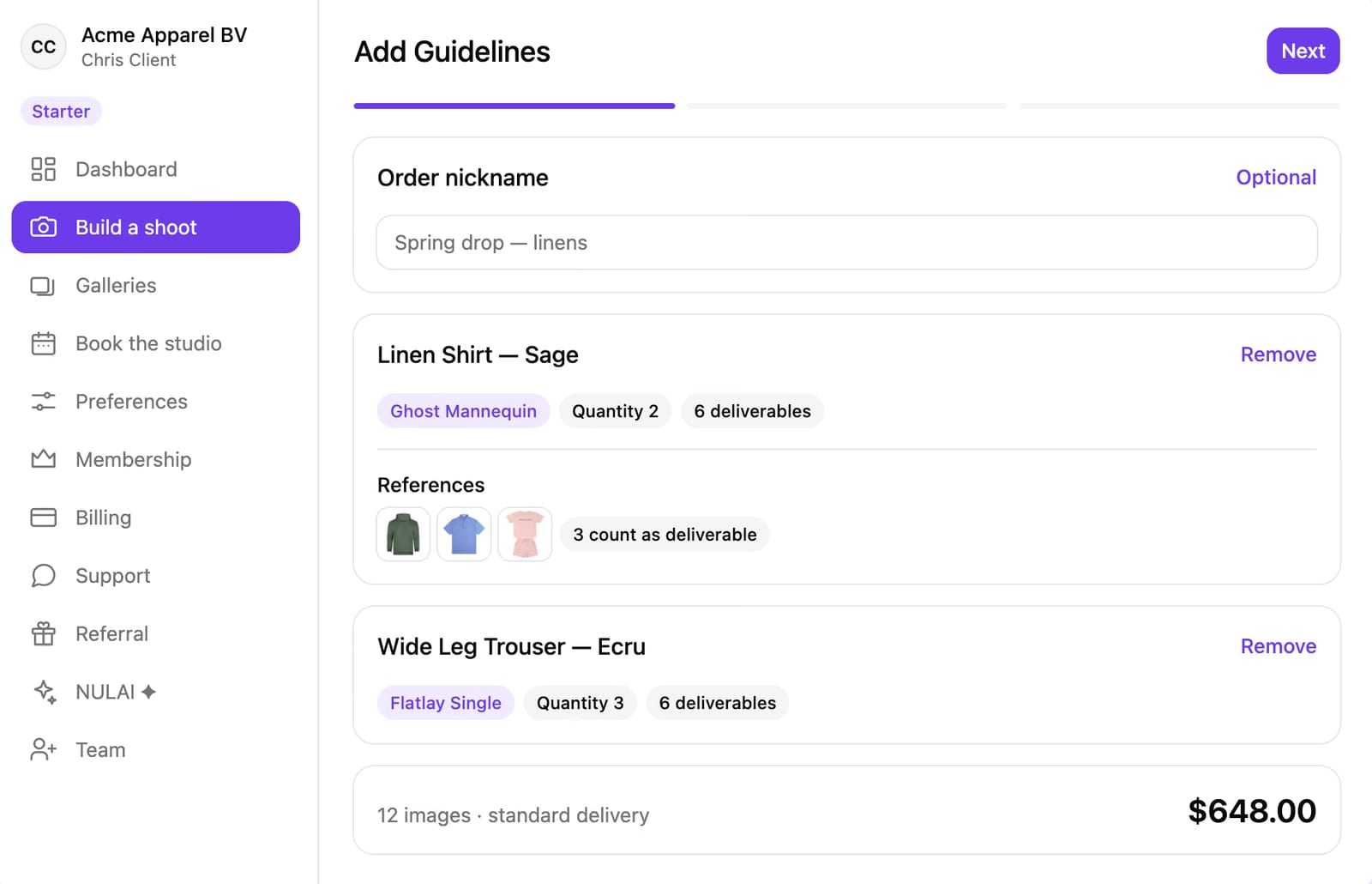 The Studio Nula dashboard's shoot builder, with two products, their shot types and a running total