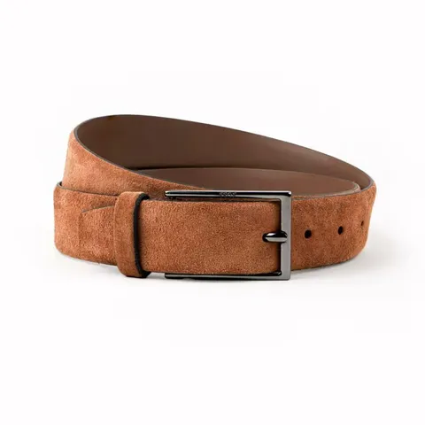 Brown suede belt with a silver buckle on a white background