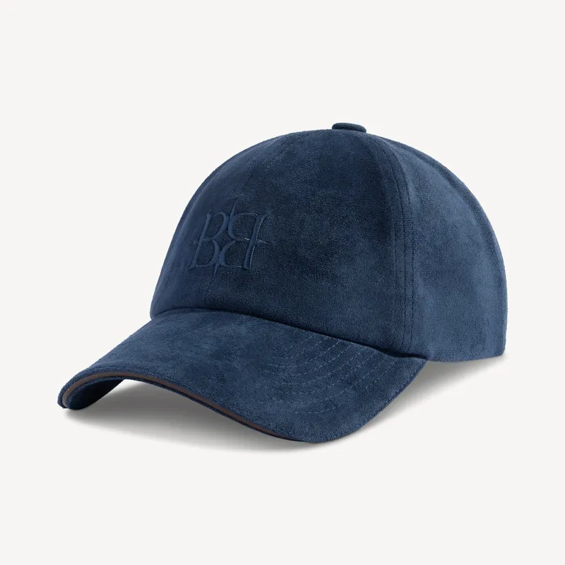 Navy suede baseball cap, front three-quarter