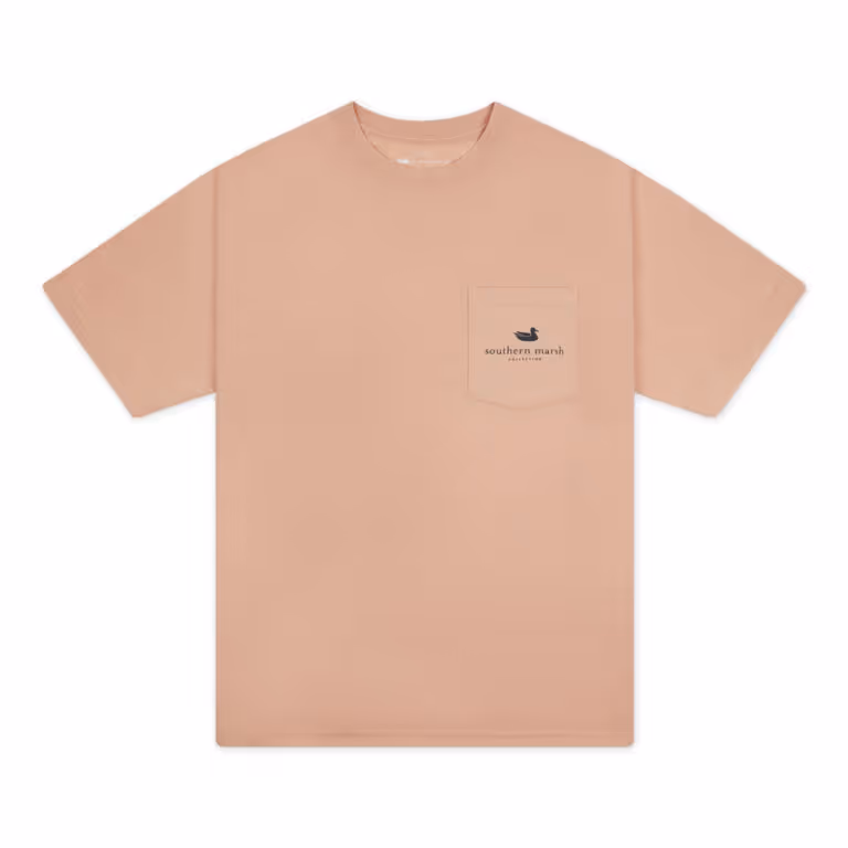 Flat lay of a tan pocket T-shirt on a white background